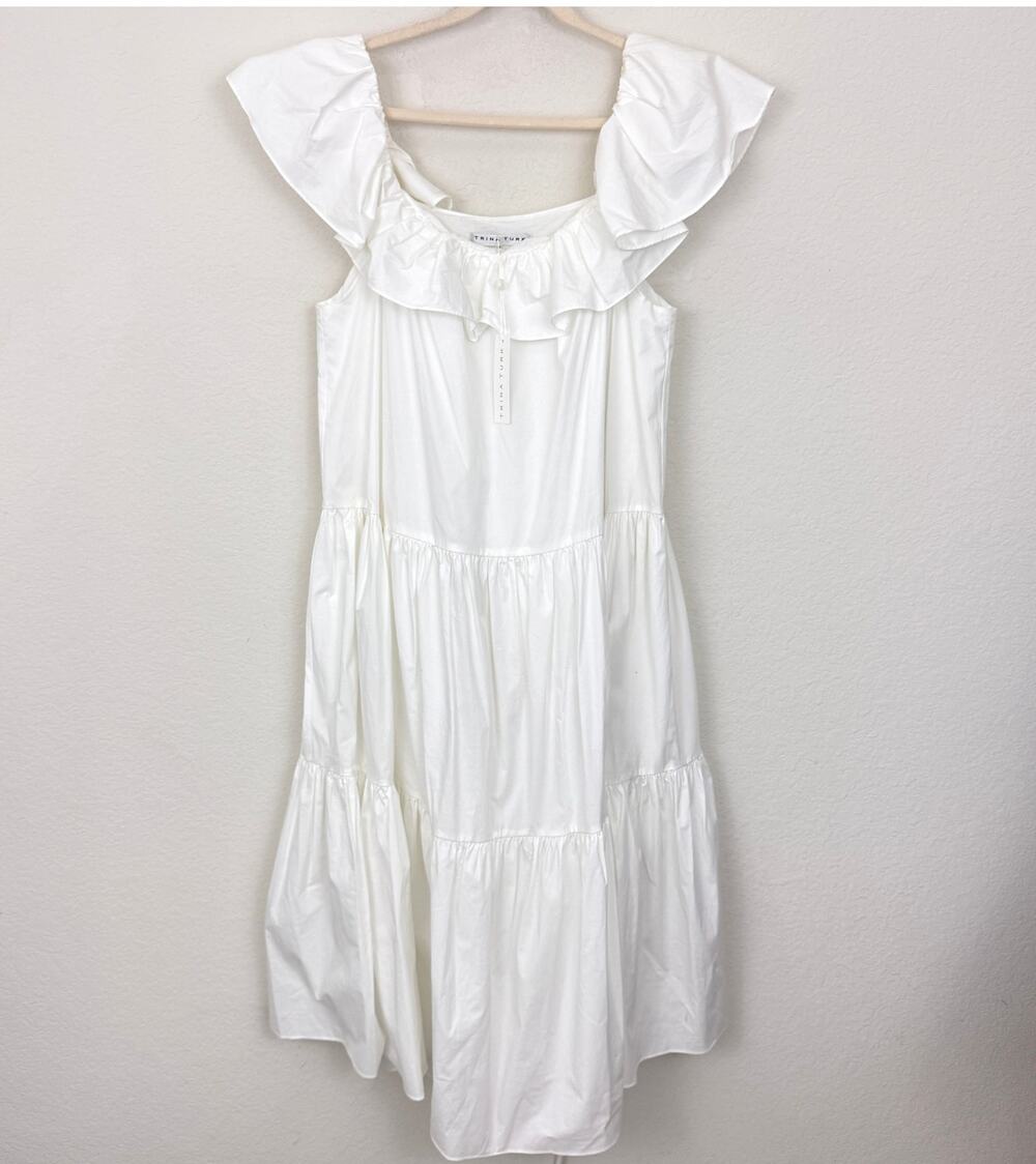 Trina Turk Womens Palm Canyon Maxi Dress Size XL Ruffle Tiered Cotton White